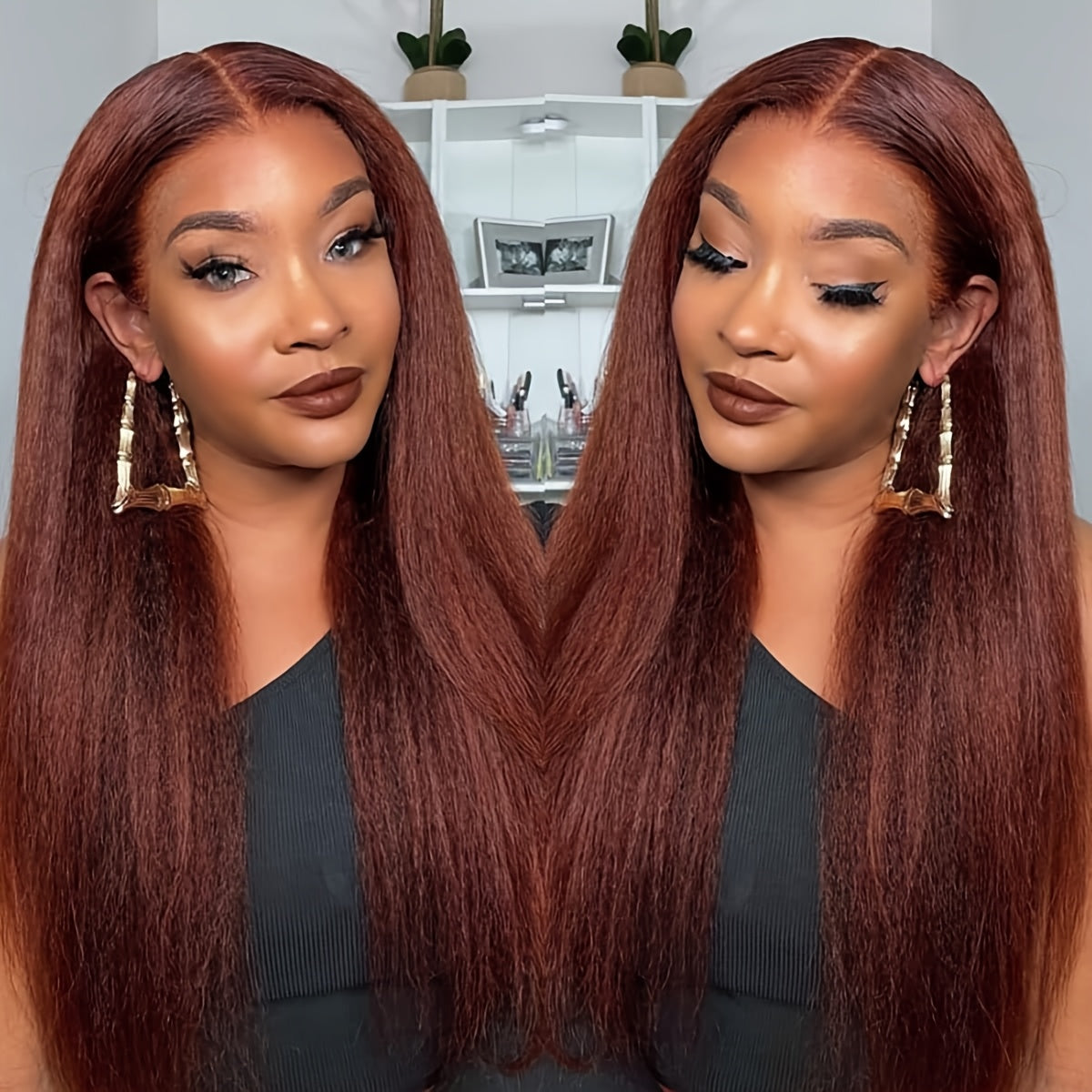 Reddish Brown Italian Yaki Straight Human Hair Wig for - 13x6 Lace Front with Pre-Plucked Baby Hair, 180% Density 32 Inch Natural Look, Elegant Style for All Ethnicities, Versatile Hairpiece | Sleek Hairpiece